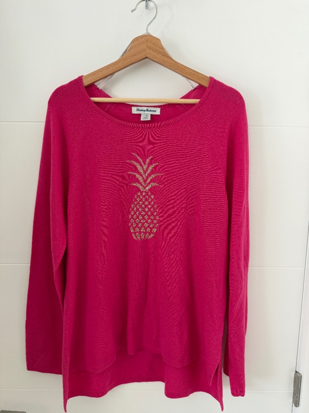 Tommy Bahama Cashmere Wool Hot Pink Gold Metallic Pineapple Sweater Womens L